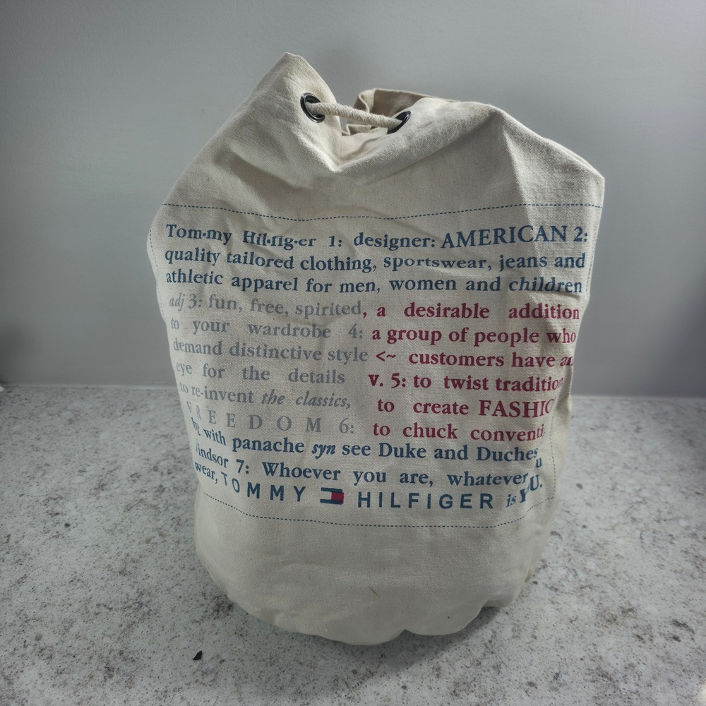 Tommy Hilfiger Canvas Drawstring Duffle Bag Cream Graphic Print Utility Tote